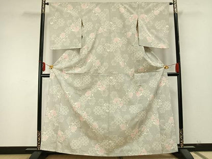 平和屋着物▽本塩沢　単衣　雪輪花文　正絹　逸品　AABA7612fy