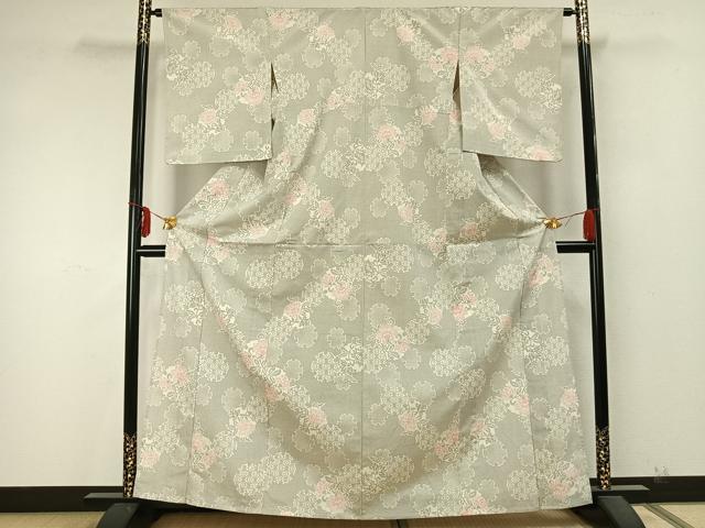 平和屋着物▽本塩沢　単衣　雪輪花文　正絹　逸品　AABA7612fy