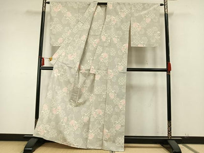 平和屋着物▽本塩沢　単衣　雪輪花文　正絹　逸品　AABA7612fy