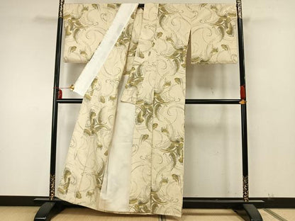 平和屋着物▽上質な紬 単衣 唐草文 正絹 逸品 AABA7615fy