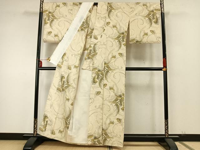 平和屋着物▽上質な紬 単衣 唐草文 正絹 逸品 AABA7615fy