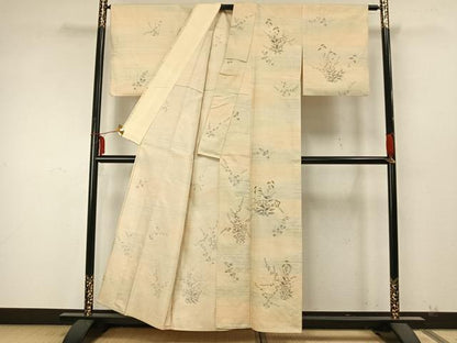 平和屋着物▽訪問着 単衣 紬地 手描き 刺繍 草花文 正絹 逸品 AABA7618fy