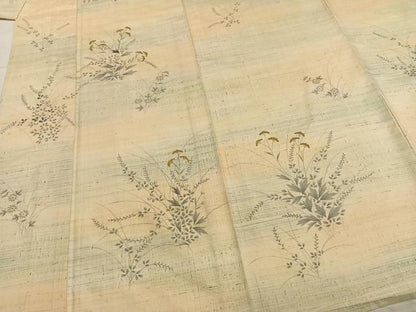 平和屋着物▽訪問着 単衣 紬地 手描き 刺繍 草花文 正絹 逸品 AABA7618fy