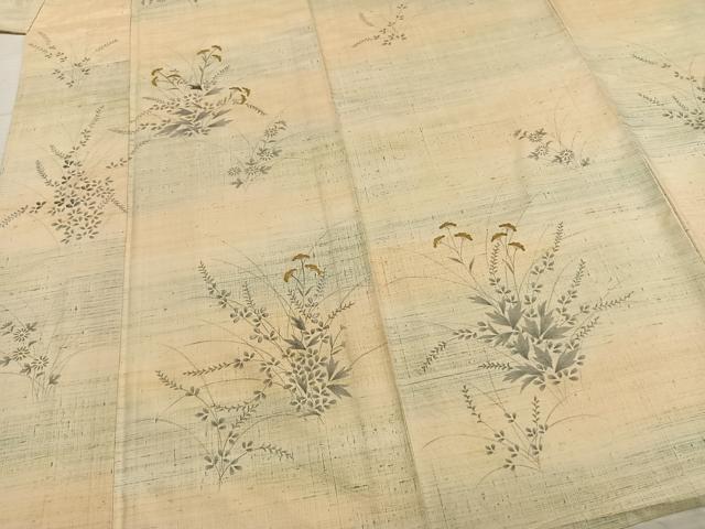 平和屋着物▽訪問着 単衣 紬地 手描き 刺繍 草花文 正絹 逸品 AABA7618fy