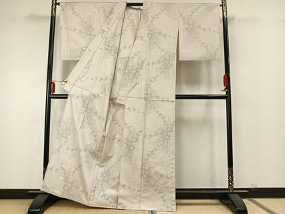 平和屋着物▽上質な紬 単衣 草花文 正絹 逸品 AABA7620fy