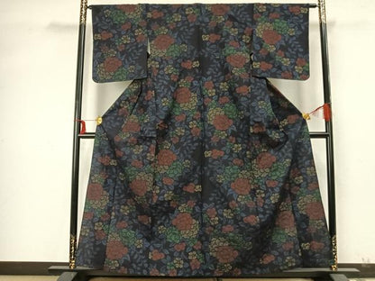 平和屋着物▽上質な紬 単衣 草花文 正絹 逸品 未使用 AABA7626fy