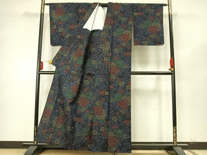 平和屋着物▽上質な紬 単衣 草花文 正絹 逸品 未使用 AABA7626fy