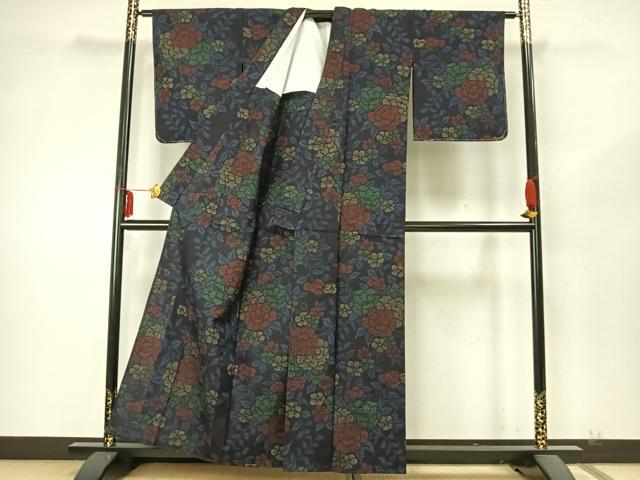 平和屋着物▽上質な紬 単衣 草花文 正絹 逸品 未使用 AABA7626fy