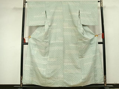 平和屋着物▽上質な紬　単衣　横段文　正絹　逸品　AABA7635fy
