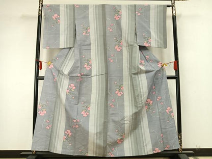 平和屋着物▽上質な紬　単衣　草花間道　正絹　逸品　AABA7636fy