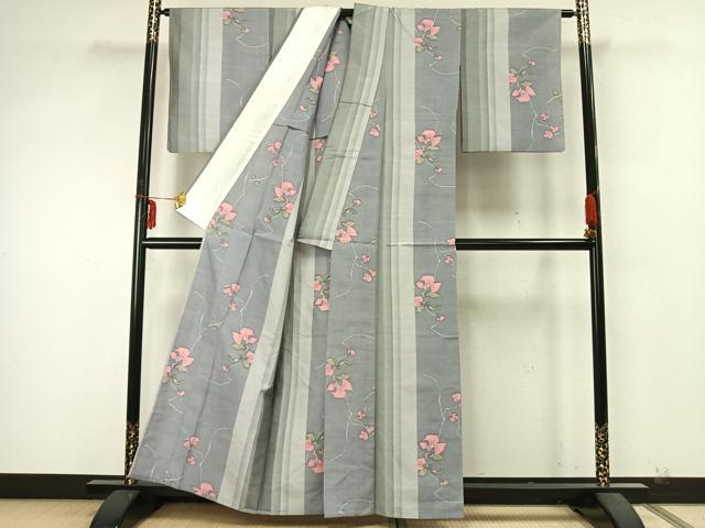 平和屋着物▽上質な紬　単衣　草花間道　正絹　逸品　AABA7636fy
