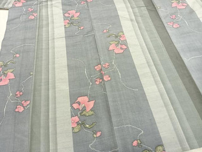 平和屋着物▽上質な紬　単衣　草花間道　正絹　逸品　AABA7636fy