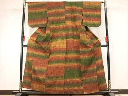 平和屋着物▽上質な紬 単衣 横段文 正絹 逸品 AABA7637fy