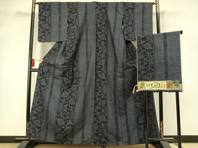 平和屋着物▽上質な紬　単衣　結城紬織　100亀甲　草花間道　証紙付き　正絹　逸品　AABA7641fy
