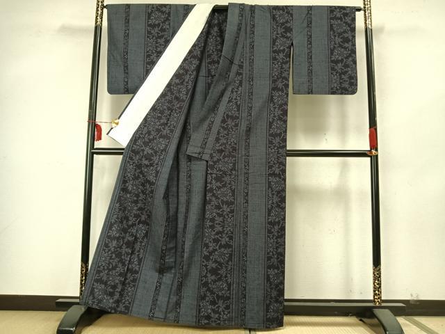 平和屋着物▽上質な紬　単衣　結城紬織　100亀甲　草花間道　証紙付き　正絹　逸品　AABA7641fy