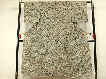 平和屋着物▽上質な小紋　単衣　型染め　草花文　鬼しぼ縮緬　正絹　逸品　AABA7643fy