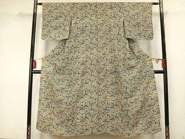 平和屋着物▽上質な小紋　単衣　型染め　草花文　鬼しぼ縮緬　正絹　逸品　AABA7643fy