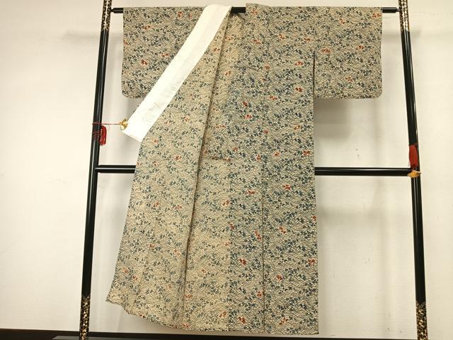 平和屋着物▽上質な小紋　単衣　型染め　草花文　鬼しぼ縮緬　正絹　逸品　AABA7643fy