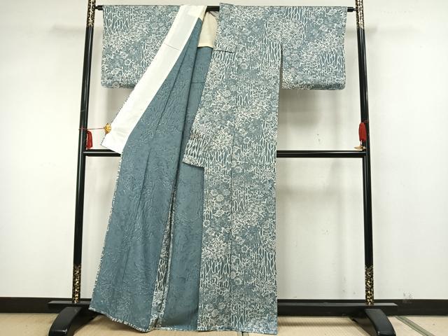 平和屋着物▽上質な小紋　単衣　草花文　正絹　逸品　AABA7645fy