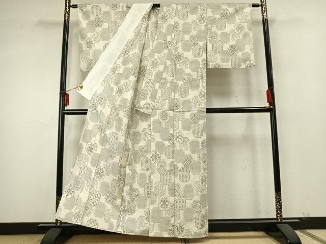 平和屋着物▽上質な紬 単衣 亀甲花文 正絹 逸品 AABA7650fy