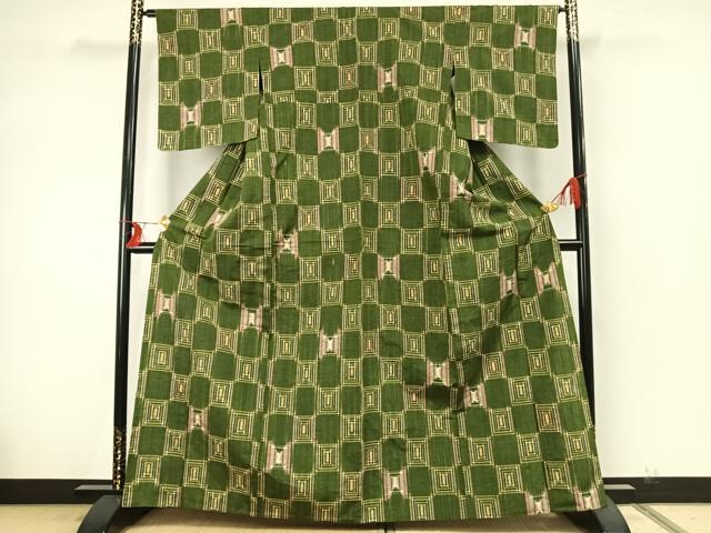 平和屋着物▽上質な紬 単衣 市松文様 正絹 逸品 AABA7654fy