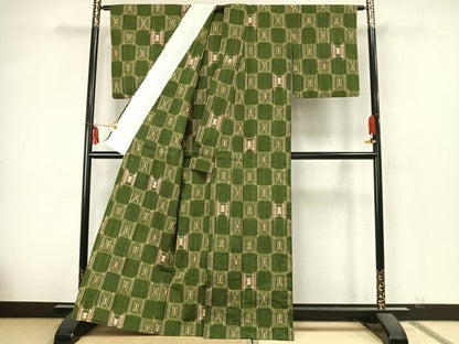 平和屋着物▽上質な紬 単衣 市松文様 正絹 逸品 AABA7654fy