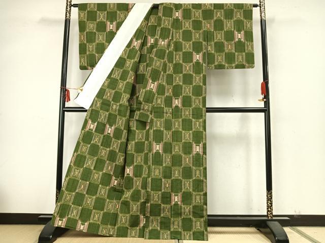 平和屋着物▽上質な紬 単衣 市松文様 正絹 逸品 AABA7654fy