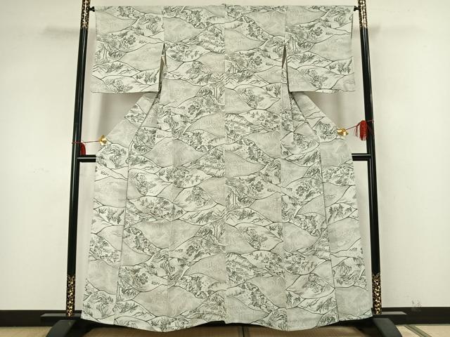 平和屋着物▽上質な小紋 単衣 手描き 切嵌風景文 正絹 逸品 AABA7665fy
