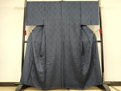 平和屋着物▽上質な色無地　単衣　吉祥花地紋　紺色　正絹　逸品　未使用　AABA7666fy