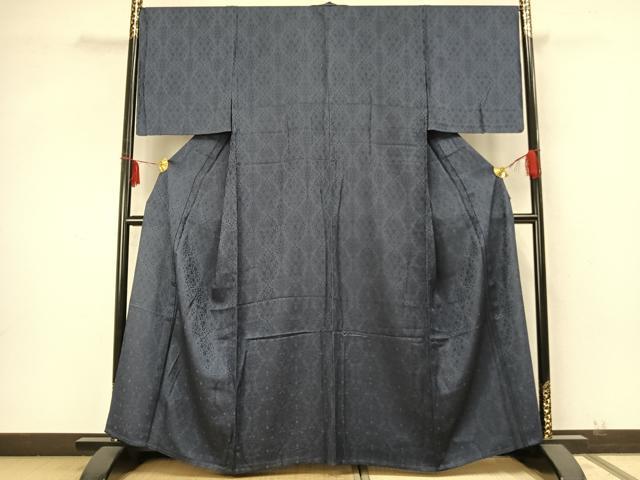 平和屋着物▽上質な色無地　単衣　吉祥花地紋　紺色　正絹　逸品　未使用　AABA7666fy
