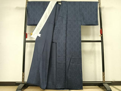 平和屋着物▽上質な色無地　単衣　吉祥花地紋　紺色　正絹　逸品　未使用　AABA7666fy