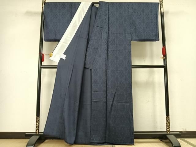平和屋着物▽上質な色無地　単衣　吉祥花地紋　紺色　正絹　逸品　未使用　AABA7666fy