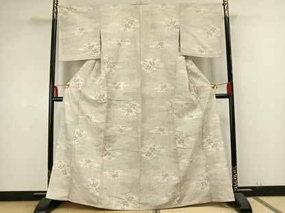 平和屋着物▽上質な紬 単衣 霞取り花文 正絹 逸品 AABA7677fy