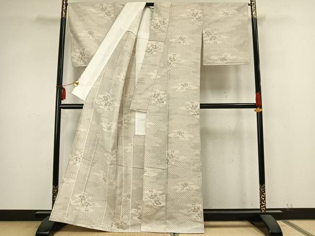 平和屋着物▽上質な紬 単衣 霞取り花文 正絹 逸品 AABA7677fy