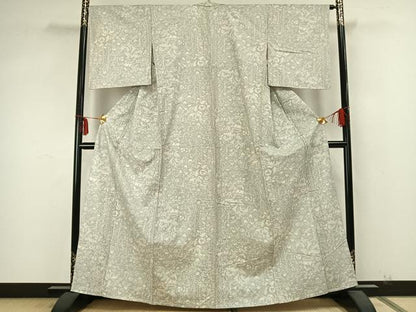 平和屋着物▽上質な紬　単衣　草花文　正絹　逸品　AABA7682fy