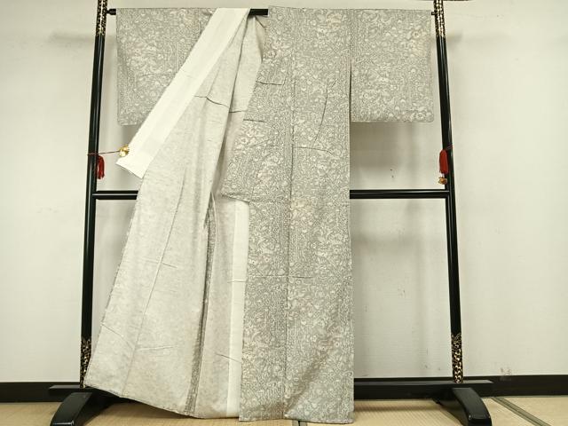 平和屋着物▽上質な紬　単衣　草花文　正絹　逸品　AABA7682fy