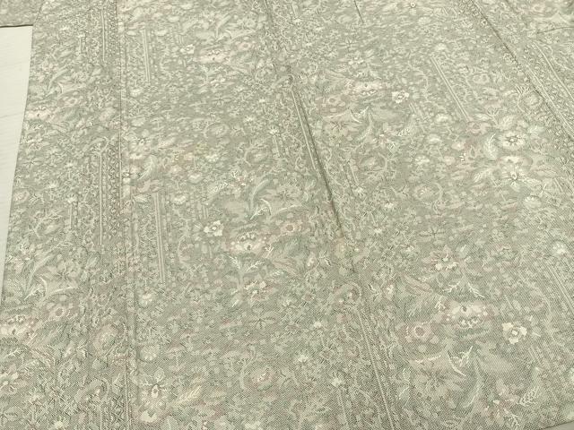 平和屋着物▽上質な紬　単衣　草花文　正絹　逸品　AABA7682fy