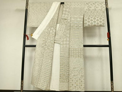 平和屋着物▽上質な小紋 単衣 横段文 正絹 逸品 AABA7683fy