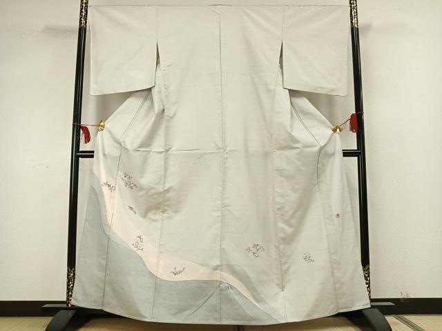 平和屋着物▽訪問着 単衣 紬地 作家物 草花文 正絹 逸品 AABA7684fy