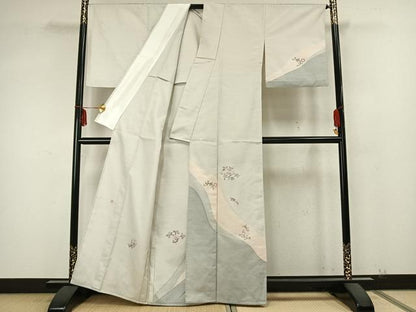 平和屋着物▽訪問着 単衣 紬地 作家物 草花文 正絹 逸品 AABA7684fy