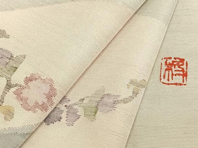 平和屋着物▽訪問着 単衣 紬地 作家物 草花文 正絹 逸品 AABA7684fy