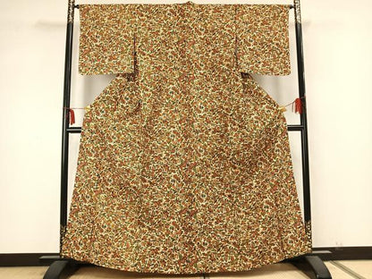 平和屋着物▽上質な紬 単衣 草花文 正絹 逸品 未使用 AABA7690fy
