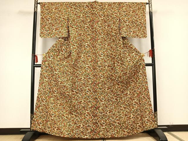 平和屋着物▽上質な紬 単衣 草花文 正絹 逸品 未使用 AABA7690fy