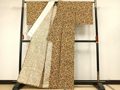 平和屋着物▽上質な紬 単衣 草花文 正絹 逸品 未使用 AABA7690fy