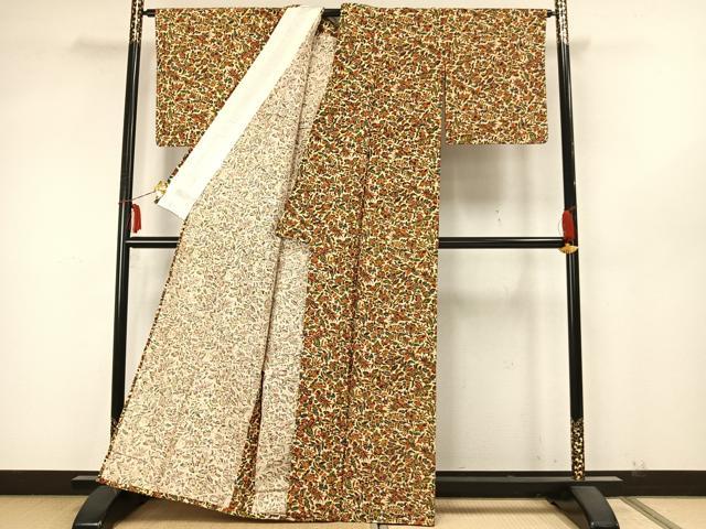 平和屋着物▽上質な紬 単衣 草花文 正絹 逸品 未使用 AABA7690fy