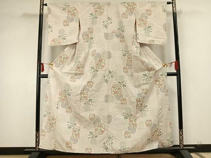 平和屋着物▽本塩沢 単衣 亀甲花文 正絹 逸品 AABA7692fy