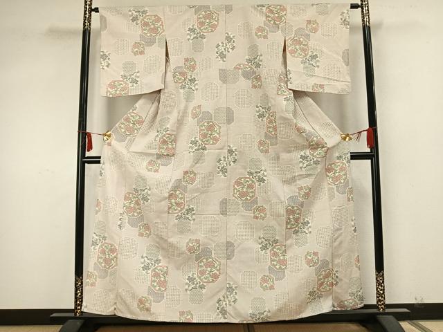 平和屋着物▽本塩沢 単衣 亀甲花文 正絹 逸品 AABA7692fy