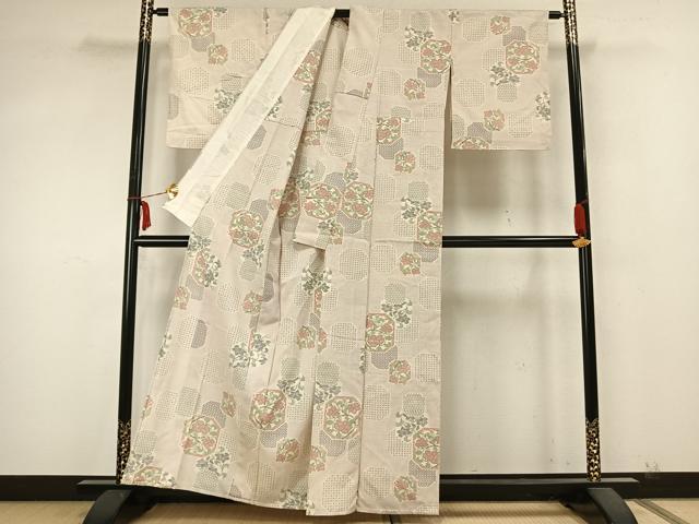 平和屋着物▽本塩沢 単衣 亀甲花文 正絹 逸品 AABA7692fy