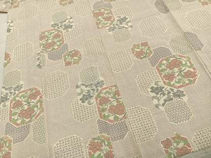 平和屋着物▽本塩沢 単衣 亀甲花文 正絹 逸品 AABA7692fy