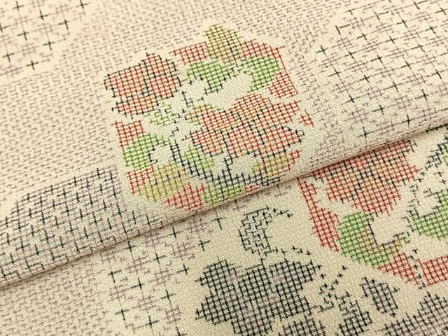 平和屋着物▽本塩沢 単衣 亀甲花文 正絹 逸品 AABA7692fy